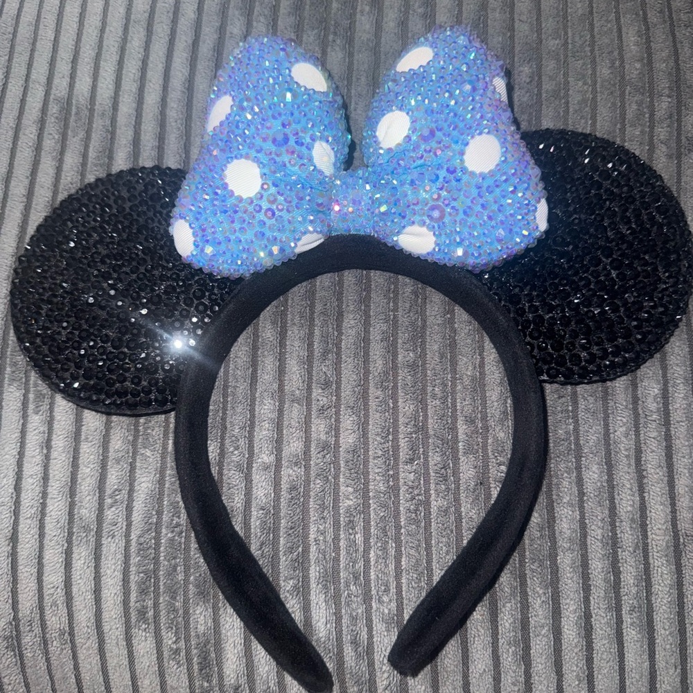 Hand made bedazzled Minnie Ear Headband with Blue Polka Dot Bow
